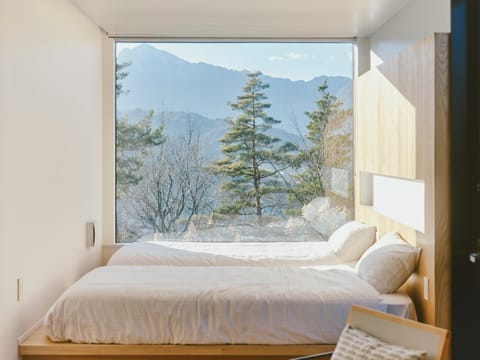 Bed, Natural landscape, Bedroom, Mountain view