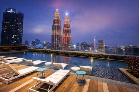 Night, Seating area, City view, Pool view, Swimming pool