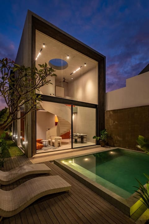 Property building, Patio, Night, Pool view, Swimming pool, sunbed