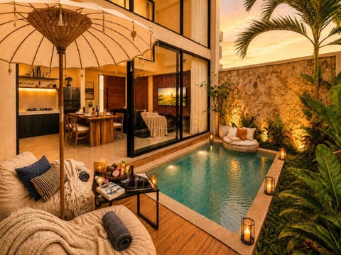 Patio, Living room, Seating area, Pool view, Swimming pool