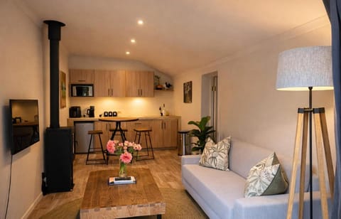 Kitchen or kitchenette, Lounge or bar, Garden view, fireplace