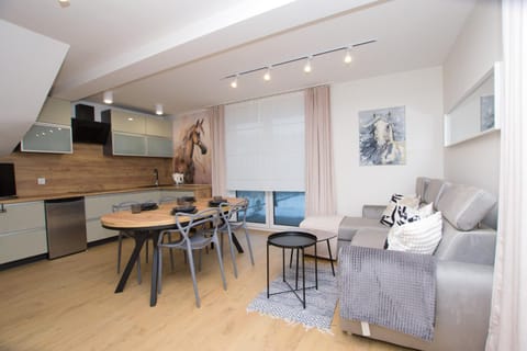 Kitchen or kitchenette, Living room, Seating area, Dining area