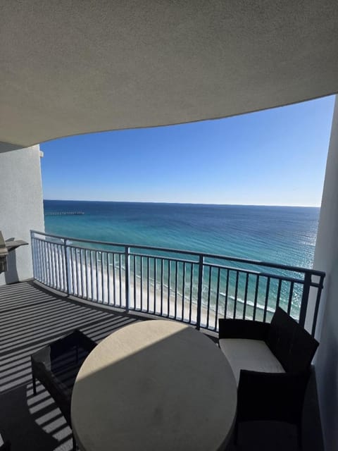 View (from property/room), Balcony/Terrace, Seating area, Beach, Sea view