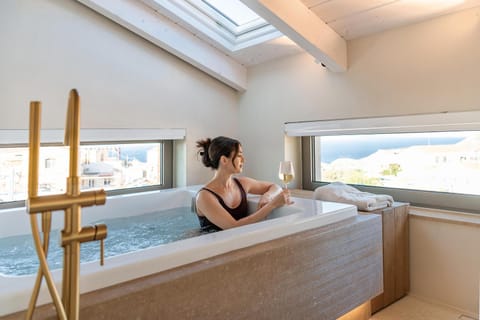 People, Hot Tub, Bathroom, View (from property/room), Sea view, Bath, towels