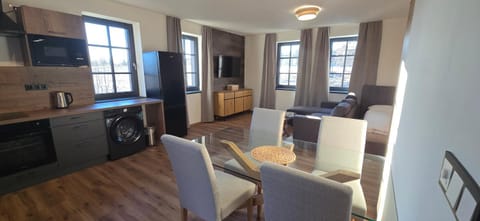Kitchen or kitchenette, Living room, Seating area, Dining area, oven, stove, washing machine