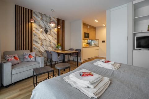 Bed, TV and multimedia, Kitchen or kitchenette, Living room, Photo of the whole room, Seating area, Dining area, Bedroom, towels
