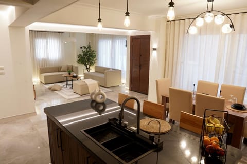 Kitchen or kitchenette, Living room, Seating area, Dining area