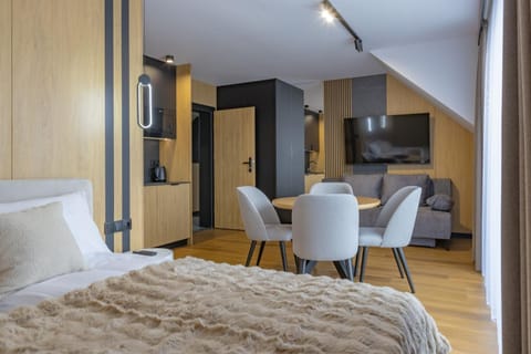 Bed, TV and multimedia, Kitchen or kitchenette, Photo of the whole room, Seating area, oven, wardrobe