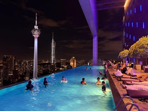 Night, City view, Pool view, Swimming pool