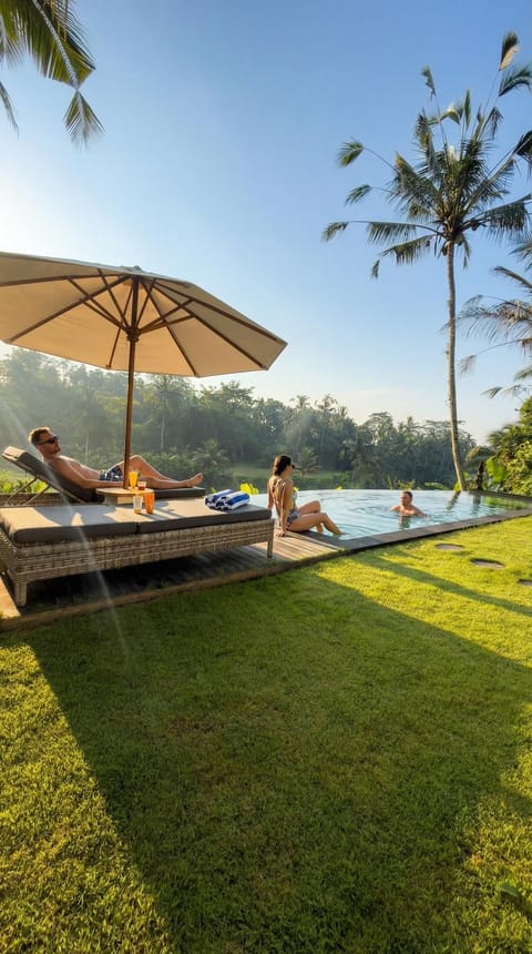 People, Garden, Swimming pool, sunbed