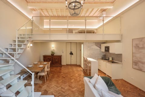 Kitchen or kitchenette, Living room, Seating area, Dining area