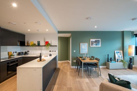 Kitchen or kitchenette, Living room, Seating area, Dining area, stove