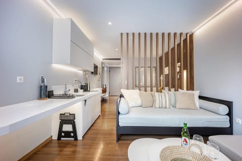 Bed, Kitchen or kitchenette, Living room, Seating area, air conditioner