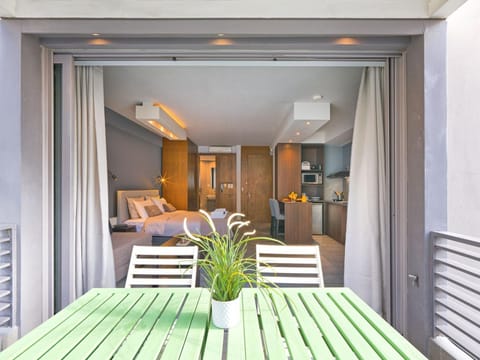 Patio, Bed, Balcony/Terrace, Living room, Photo of the whole room, Seating area, Dining area, Bedroom