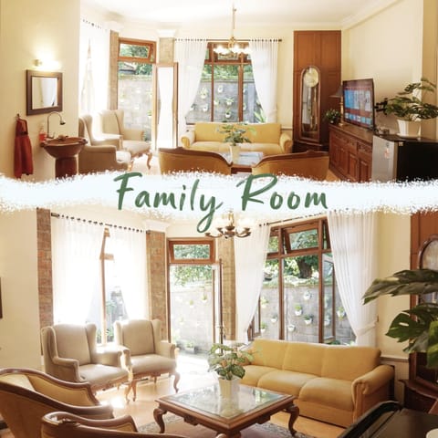 Living room, Seating area, Dining area, Text overlay, Family