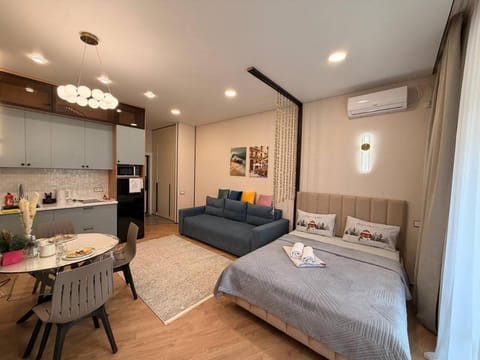 Bed, Kitchen or kitchenette, Living room, Photo of the whole room, Seating area, Dining area, Bedroom, towels, air conditioner