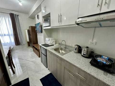 Kitchen or kitchenette, microwave, stove