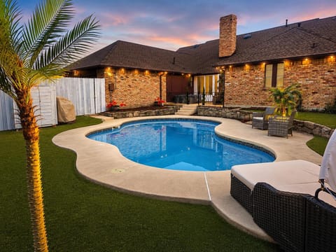 Patio, Garden, Seating area, Swimming pool, Sunset