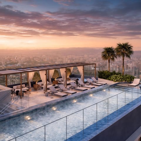 Patio, Day, View (from property/room), Balcony/Terrace, Lounge or bar, Pool view, Swimming pool, Sunrise, Sunset, sunbed