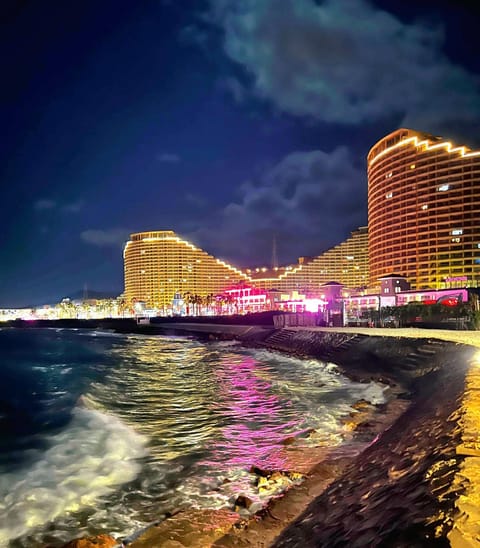 Property building, Nearby landmark, Night, Natural landscape, Beach, City view, Sea view