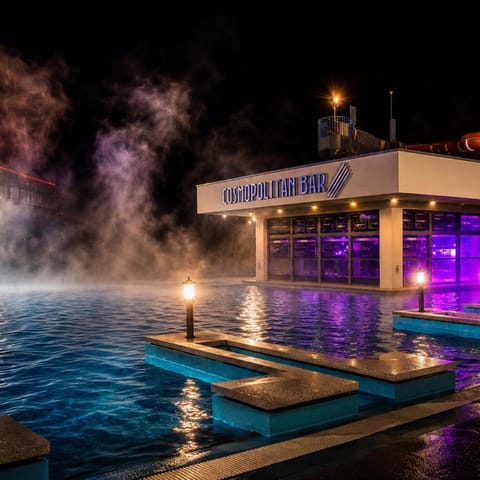Restaurant/places to eat, Bed, Night, Lounge or bar, Spa and wellness centre/facilities, Aqua park, Evening entertainment, Pool view, Swimming pool, Entertainment, Location