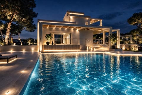 Property building, Patio, Night, Pool view, Swimming pool, sunbed