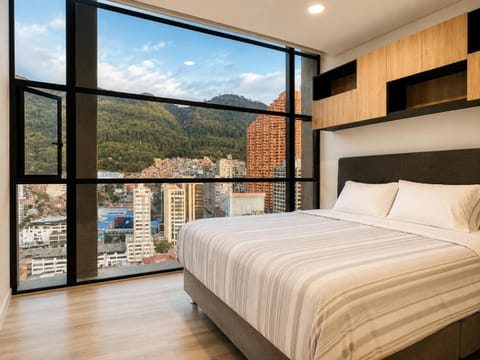 Bed, City view, Mountain view
