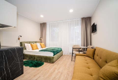 Bed, Seating area, Dining area, Bedroom