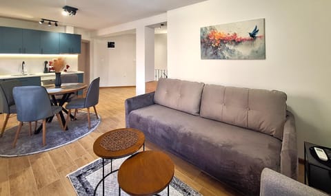 Kitchen or kitchenette, Living room, Seating area, Dining area