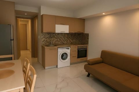 Kitchen or kitchenette, Living room, Seating area, Dining area, dishwasher, oven, stove, washing machine, dryer, kitchen