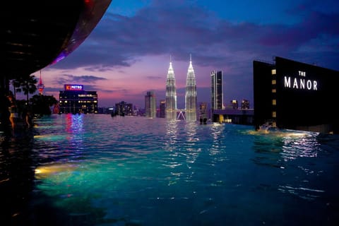 Night, City view, Swimming pool