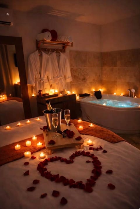 Bed, Night, People, Hot Tub, Photo of the whole room, Bedroom, Drinks, towels, wedding