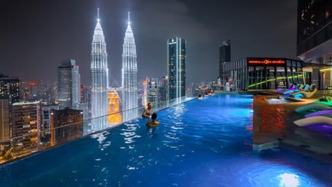 Night, City view, Pool view, Swimming pool
