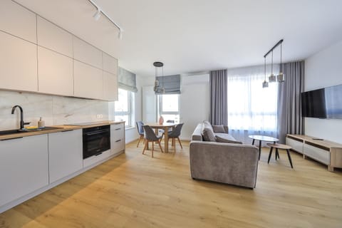 Kitchen or kitchenette, Living room, Seating area, oven, stove