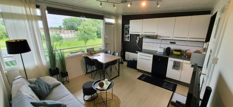 Kitchen or kitchenette, Living room, Seating area, Dining area