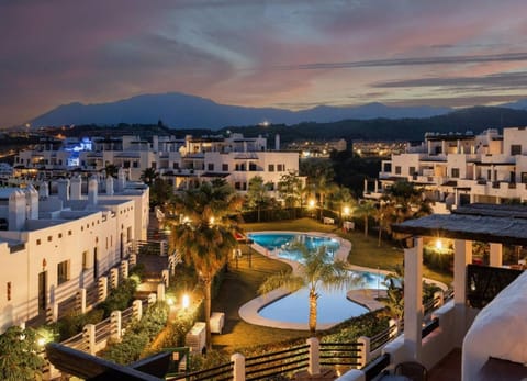 Property building, Night, Natural landscape, Mountain view, Swimming pool, Swimming pool