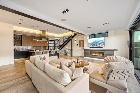 Day, TV and multimedia, Kitchen or kitchenette, Living room, Seating area, Dining area, fireplace, furniture, kitchen