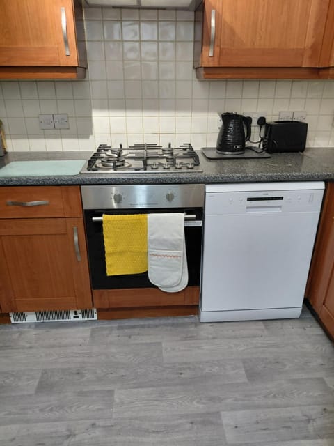 Kitchen or kitchenette, dishwasher, stove, toaster