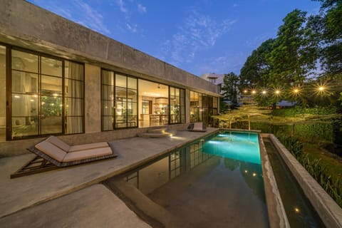 Property building, Night, Natural landscape, Garden, Garden view, Pool view, Swimming pool, sunbed