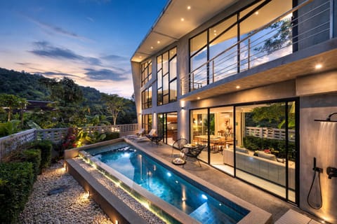 Property building, Patio, Night, Natural landscape, Mountain view, Pool view, Swimming pool, Swimming pool, sunbed