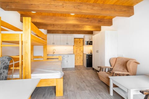 Bed, Kitchen or kitchenette, Seating area, microwave, stove