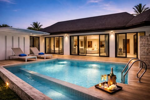 Property building, Patio, Night, Pool view, Swimming pool, sunbed