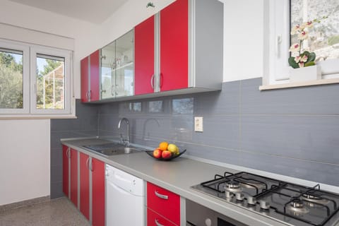 Kitchen or kitchenette, dishwasher, stove