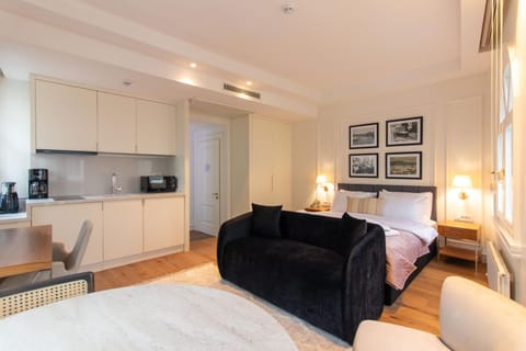 Bed, Coffee/tea facilities, Kitchen or kitchenette, Photo of the whole room, Seating area, Dining area, Bedroom, minibar