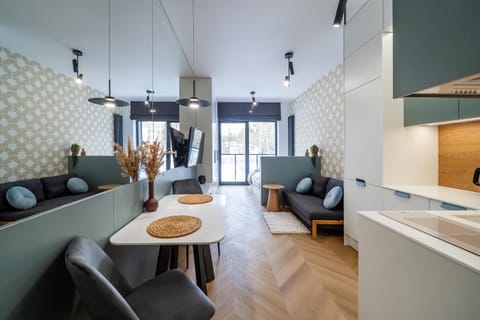 Kitchen or kitchenette, Living room, Seating area, Dining area