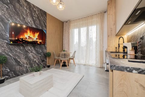 TV and multimedia, Kitchen or kitchenette, Living room, Seating area, Dining area, stove