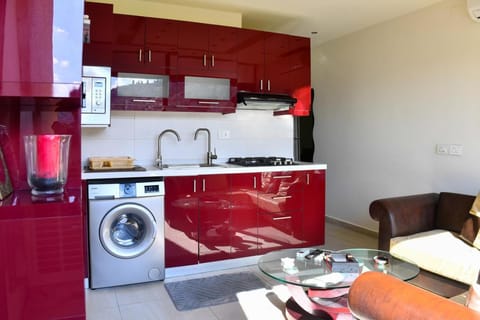Kitchen or kitchenette, Living room, microwave, stove, washing machine