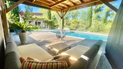 Patio, Natural landscape, Garden, Seating area, Garden view, Swimming pool
