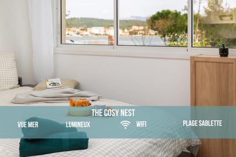Bed, Natural landscape, Photo of the whole room, Bedroom, Text overlay, towels