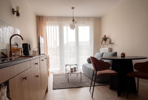 Kitchen or kitchenette, Living room, Seating area, Dining area